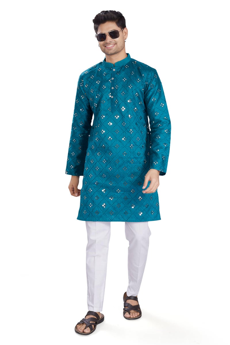 DIVISIVE Men's Mirror Embroidered Silk Blend Only Slim Fit Kurta (DKRT1486_XXL_Turquoise) - Image 2