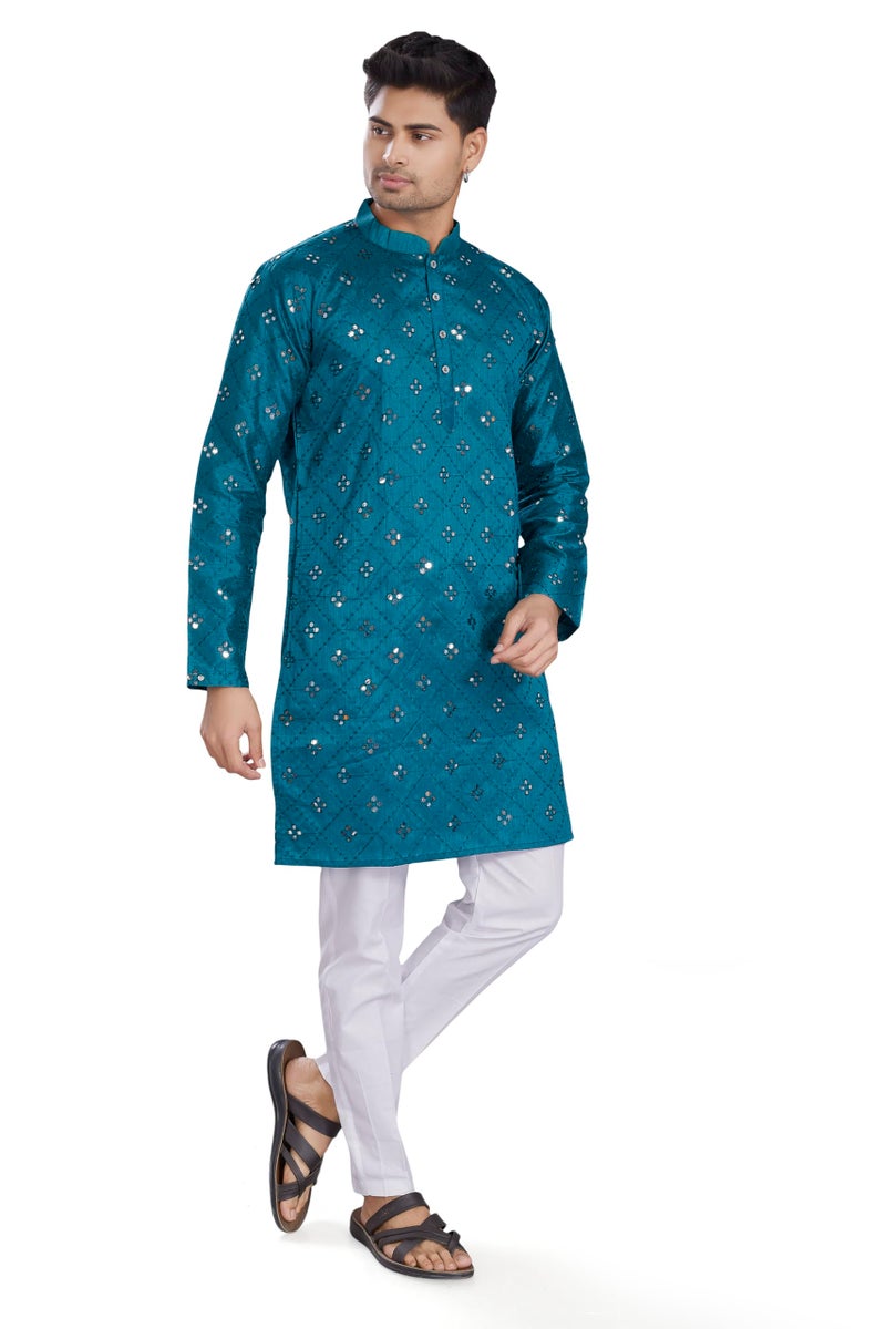DIVISIVE Men's Mirror Embroidered Silk Blend Only Slim Fit Kurta (DKRT1486_XXL_Turquoise) - Image 4