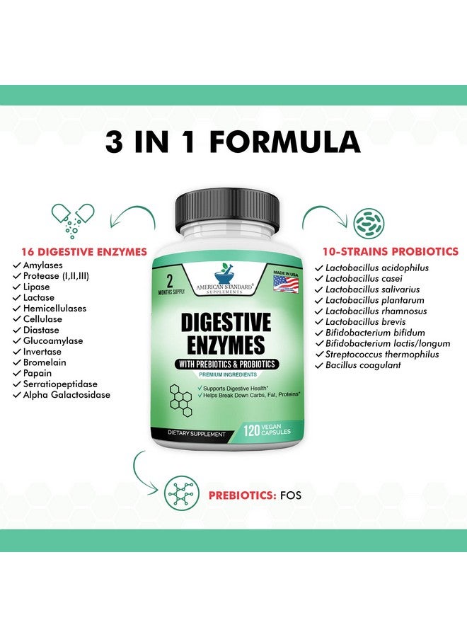 American Standard Supplements إنزيمات هضمية مع بروبيوتيك وبريبايوتيك، 120 كبسولة نباتية، للهضم مع أميلاز، بروميلين، باباين، ليباز، لاكتاز، بروتياز، باباين، سيلولاز، نباتية وخالية من الغلوتين، إمداد لمدة شهرين - Image 3