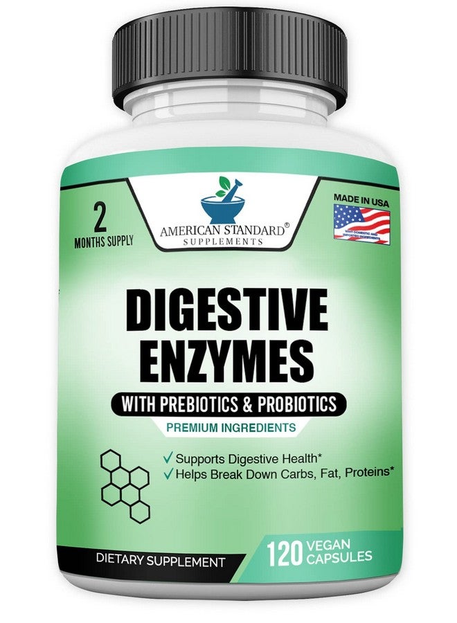 American Standard Supplements إنزيمات هضمية مع بروبيوتيك وبريبايوتيك، 120 كبسولة نباتية، للهضم مع أميلاز، بروميلين، باباين، ليباز، لاكتاز، بروتياز، باباين، سيلولاز، نباتية وخالية من الغلوتين، إمداد لمدة شهرين - Image 1
