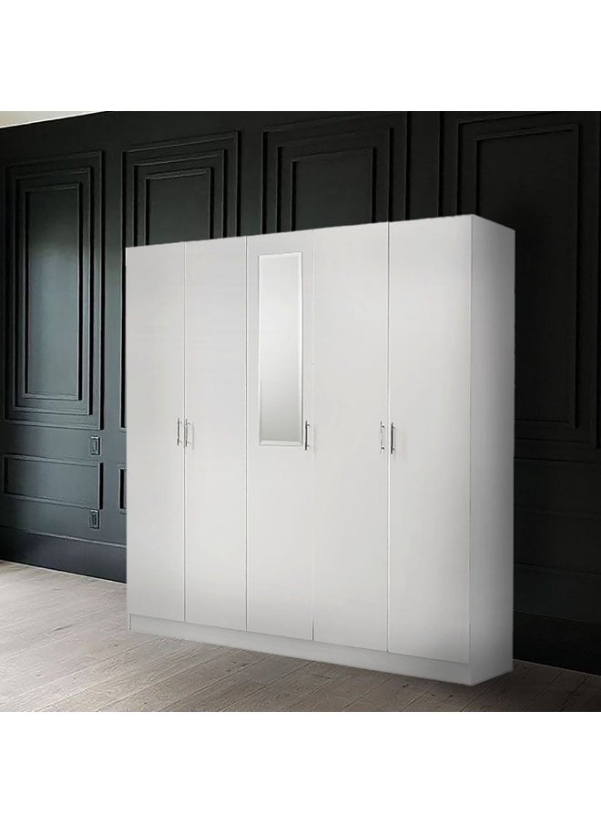 DANUBE HOME Notis 5 Door Wardrobe With 2Drawers And Mirror Sturdy Closet Clothes Storage Cupboard Modern Design Space Saving Swing Door Cabinet For Bedroom L192.6Xw56Xh200Cm - Gloss White  - Image 1