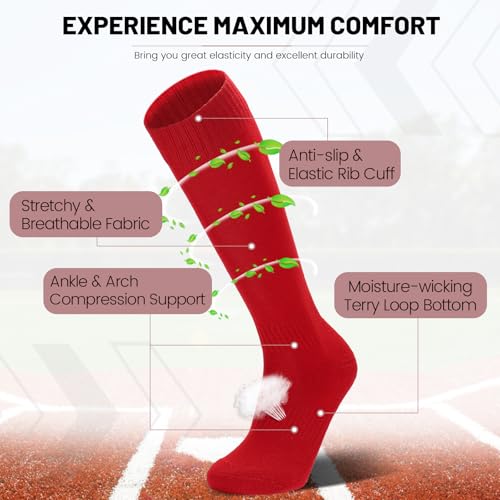 Regilt 3 Pairs Kids Youth Baseball Socks Cushioned Soccer Football Softball Socks for Boys Girls (US, Alpha, Medium, Regular, Regular, Red) - Image 4