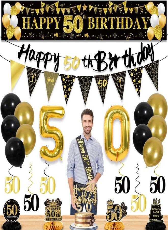 YeohJoy 27pcs 50th Birthday Decorations for Men, Black Gold 50th Party Decorations, Happy 50th Birthday Banner Honeycomb Table Hanging Swirls Cake Topper and Balloons, Over the Hill 50th Birthday Decorations - Image 1