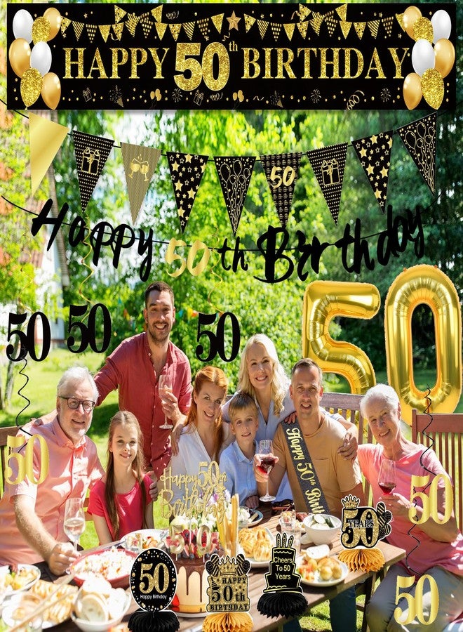 YeohJoy 27pcs 50th Birthday Decorations for Men, Black Gold 50th Party Decorations, Happy 50th Birthday Banner Honeycomb Table Hanging Swirls Cake Topper and Balloons, Over the Hill 50th Birthday Decorations - Image 5