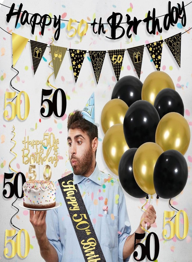 YeohJoy 27pcs 50th Birthday Decorations for Men, Black Gold 50th Party Decorations, Happy 50th Birthday Banner Honeycomb Table Hanging Swirls Cake Topper and Balloons, Over the Hill 50th Birthday Decorations - Image 4