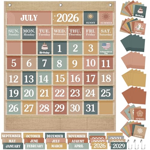 Sinload Classroom Calendar Pocket Chart Set Calendar Bulletin Board Set Seasons Festival Weather Pocket Chart for Classroom Decoration Back to School SuppliesModern BohoLinen Color - Image 1