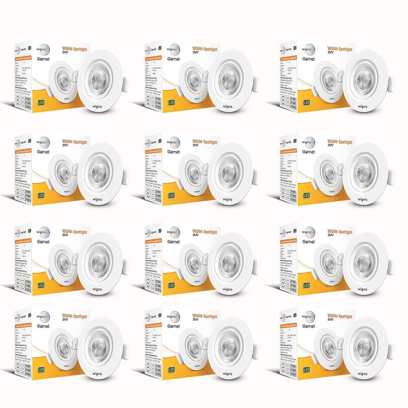 WIPRO Wipro Garnet 3W Round Led Wave SpotlightCob Spotlight for CeilingWarm White Light 2700KAdjustable DesignRecessed Tiltable Downlighter for False CeilingCutout60 MmPack of 12  - Image 1