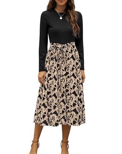 Zattcas 2026 Long Sleeve Spring Fall Dresses for Women Ribbed Teacher Church Modest Business Casual Work Outfits Midi Dress Taupefloral XL - Image 1