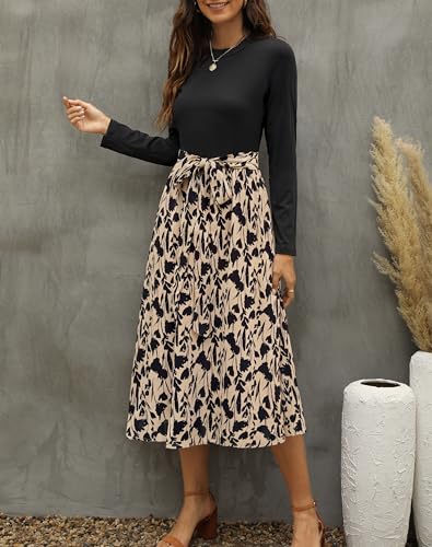 Zattcas 2026 Long Sleeve Spring Fall Dresses for Women Ribbed Teacher Church Modest Business Casual Work Outfits Midi Dress Taupefloral XL - Image 4