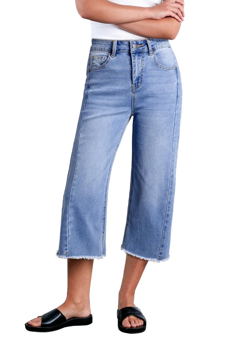 Sidefeel Women's High Waisted Stretchy Wide Leg Raw Hem Capri Denim Pants Size 12 Light Blue - Image 1