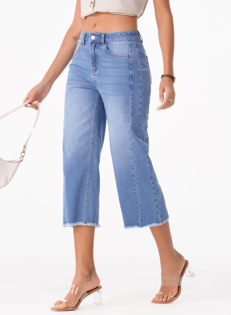 Sidefeel Women's High Waisted Stretchy Wide Leg Raw Hem Capri Denim Pants Size 12 Light Blue - Image 3