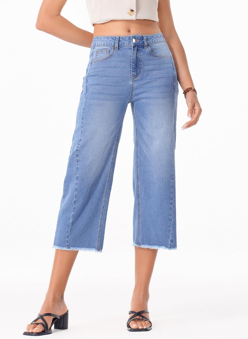 Sidefeel Women's High Waisted Stretchy Wide Leg Raw Hem Capri Denim Pants Size 12 Light Blue - Image 4