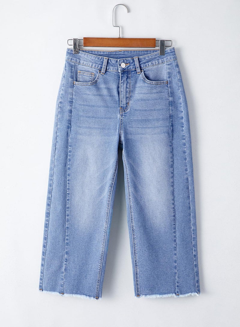 Sidefeel Women's High Waisted Stretchy Wide Leg Raw Hem Capri Denim Pants Size 12 Light Blue - Image 5