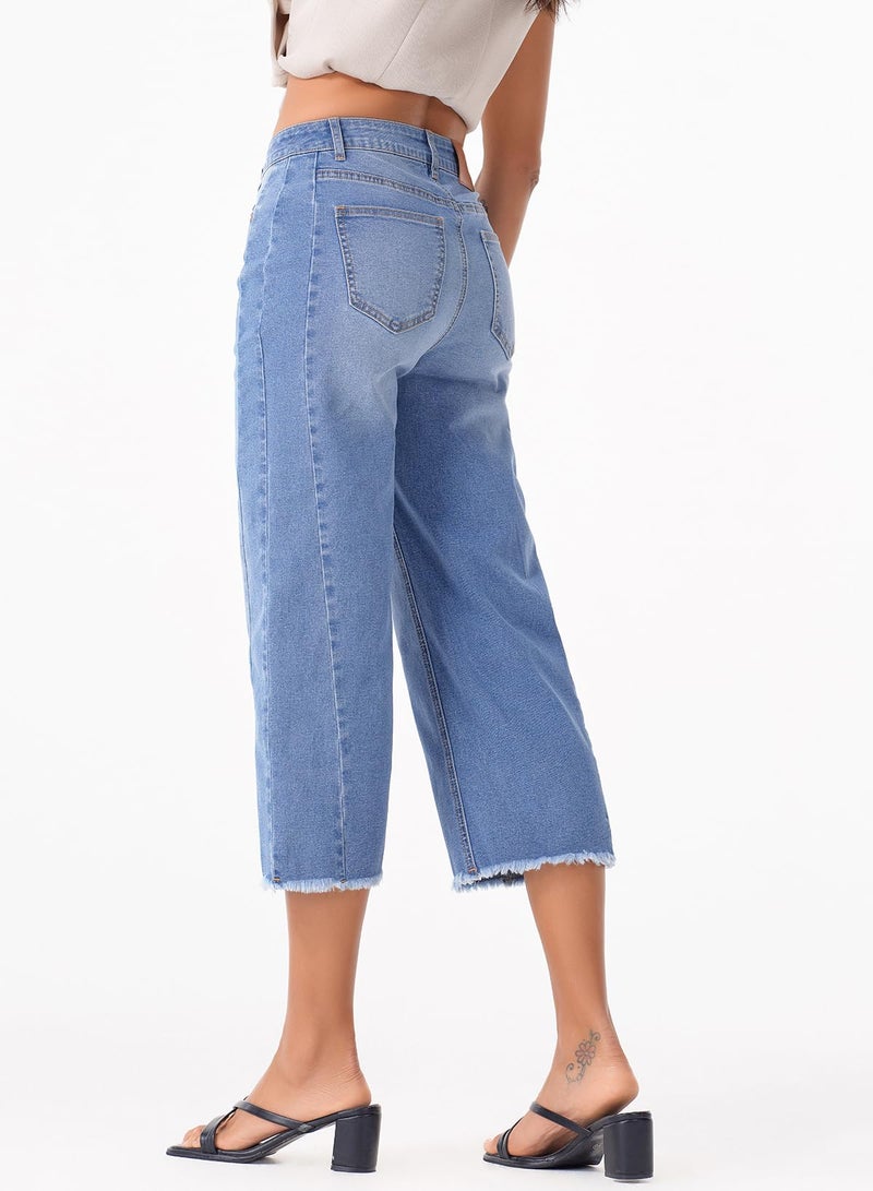 Sidefeel Women's High Waisted Stretchy Wide Leg Raw Hem Capri Denim Pants Size 12 Light Blue - Image 2