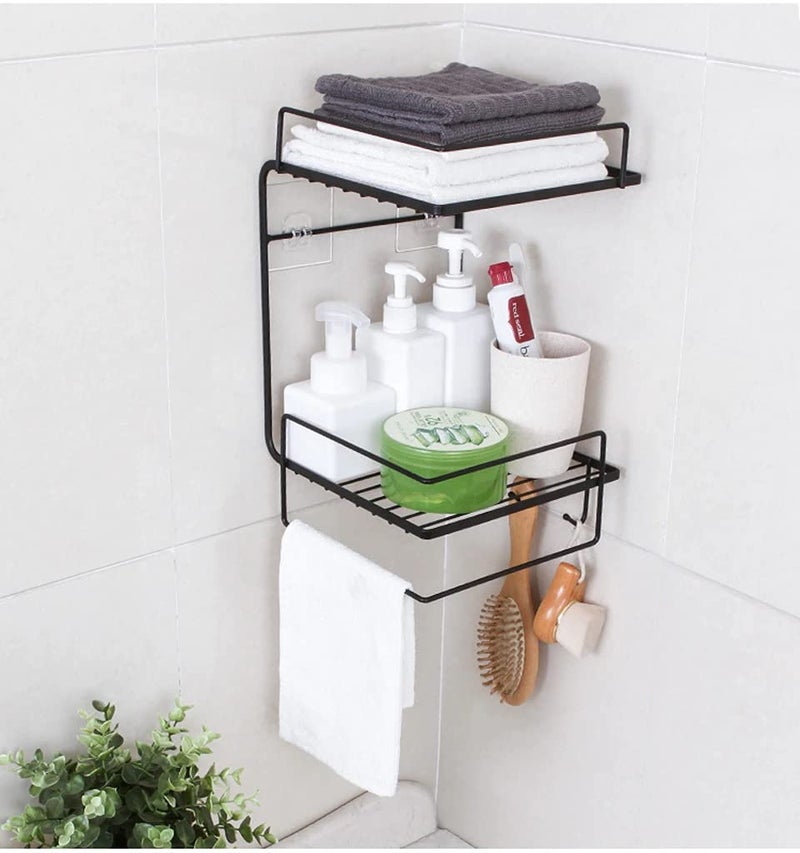 HOME CUBE 1 Pc Multipurpose Kitchen Bathroom Corner Shelf Wall Holder Storage Rack Bathroom Rack Broadside Storage Box Strong Magic Sticker Shower Rack Shelf with 3 Hook - Black Color - Image 2