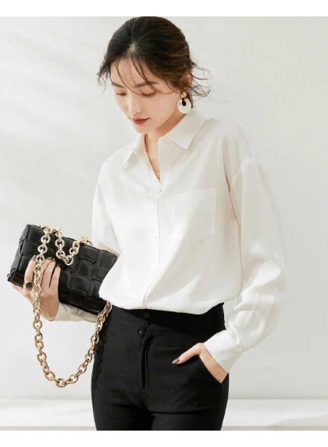 Small Lapel Minimalist Shirt】oversized Drop Shoulder Long Sleeve Blouse For Women - Solid Color Versatile Office Wear For Spring And Autumn - Image 1