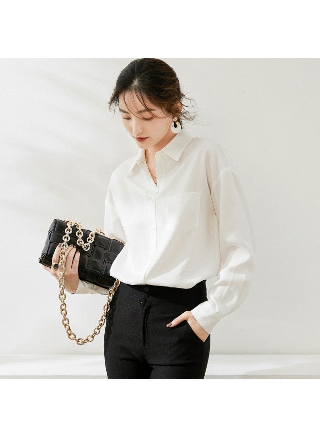 Small Lapel Minimalist Shirt】oversized Drop Shoulder Long Sleeve Blouse For Women - Solid Color Versatile Office Wear For Spring And Autumn - Image 2