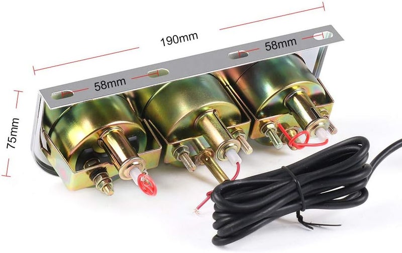 Dyno Racing 2" 52mm Chrome Panel 3in1 Car Meter Oil Pressure Fahrenheit Water Temp Ammeter Triple Gauge Kit Set Black Face - Image 4