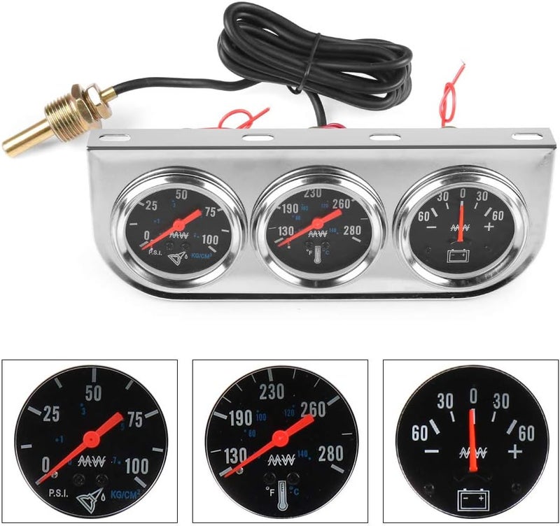 Dyno Racing 2" 52mm Chrome Panel 3in1 Car Meter Oil Pressure Fahrenheit Water Temp Ammeter Triple Gauge Kit Set Black Face - Image 2