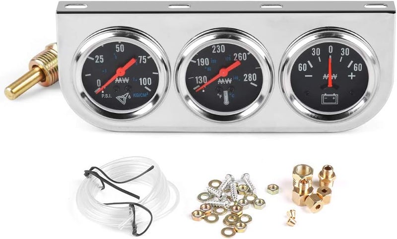 Dyno Racing 2" 52mm Chrome Panel 3in1 Car Meter Oil Pressure Fahrenheit Water Temp Ammeter Triple Gauge Kit Set Black Face - Image 1