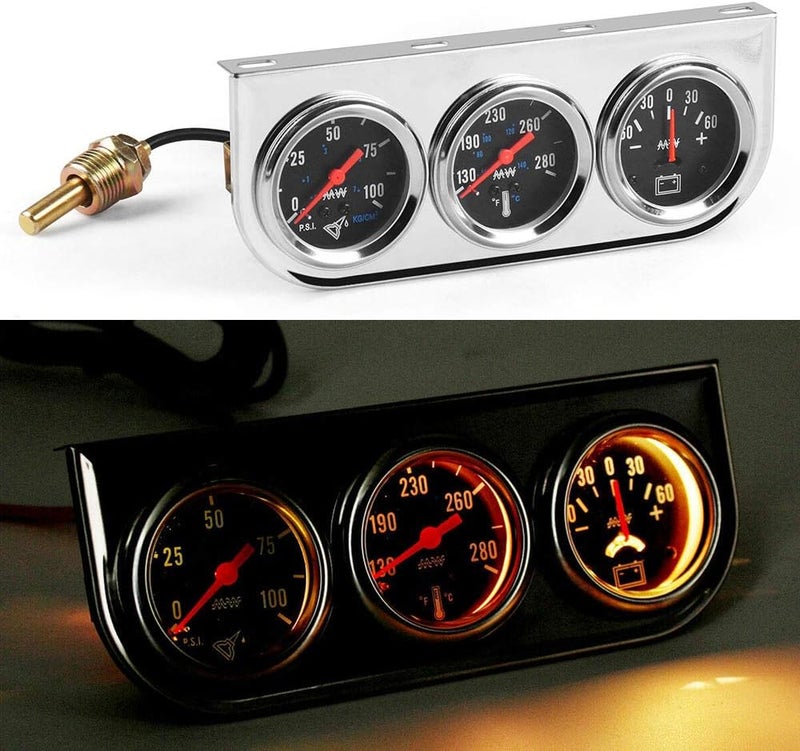 Dyno Racing 2" 52mm Chrome Panel 3in1 Car Meter Oil Pressure Fahrenheit Water Temp Ammeter Triple Gauge Kit Set Black Face - Image 3