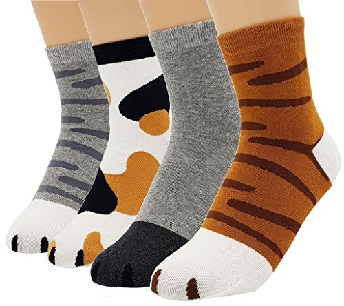JJMax Women's Cute Kitty Cat Paws Socks with Paw Prints on Toes, Crew 4 Pair Set, One Size,Crew 4 Pair Set,One Size - Image 1