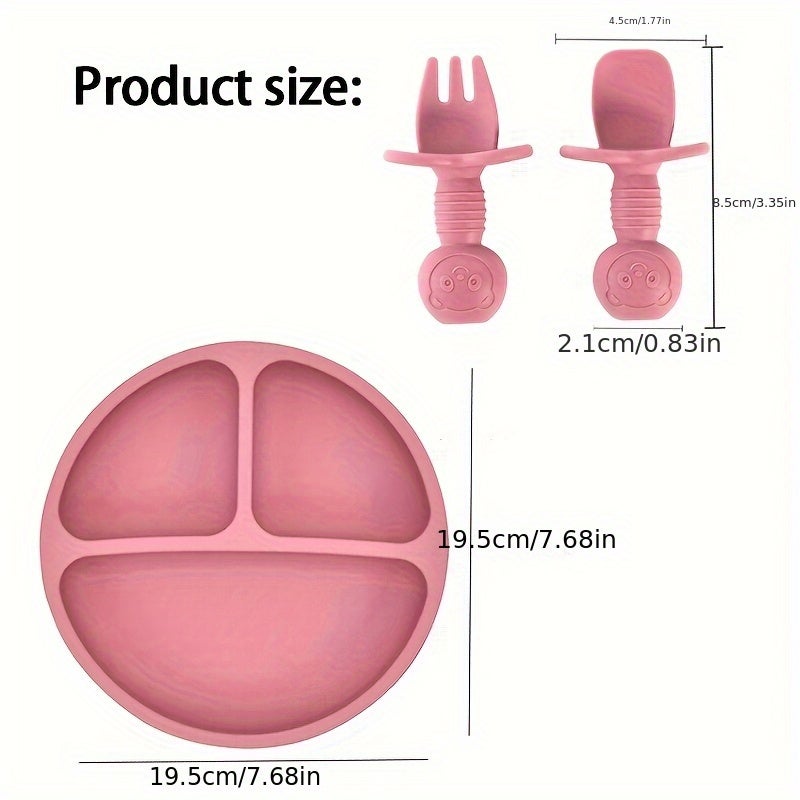 Khaki 4pcs Baby Self Feeding Set Divided Plate With Cover Fork And Spoon