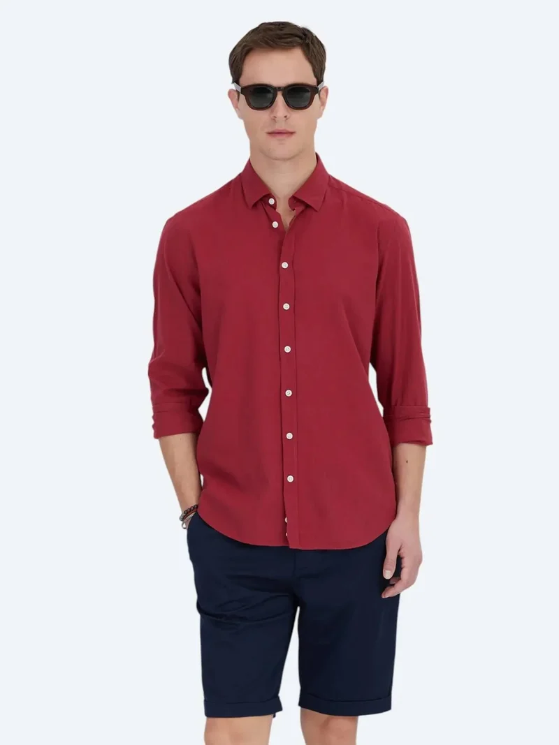 Kip Red Plain Regular Fit Weaving Casual 100% Cotton Shirt