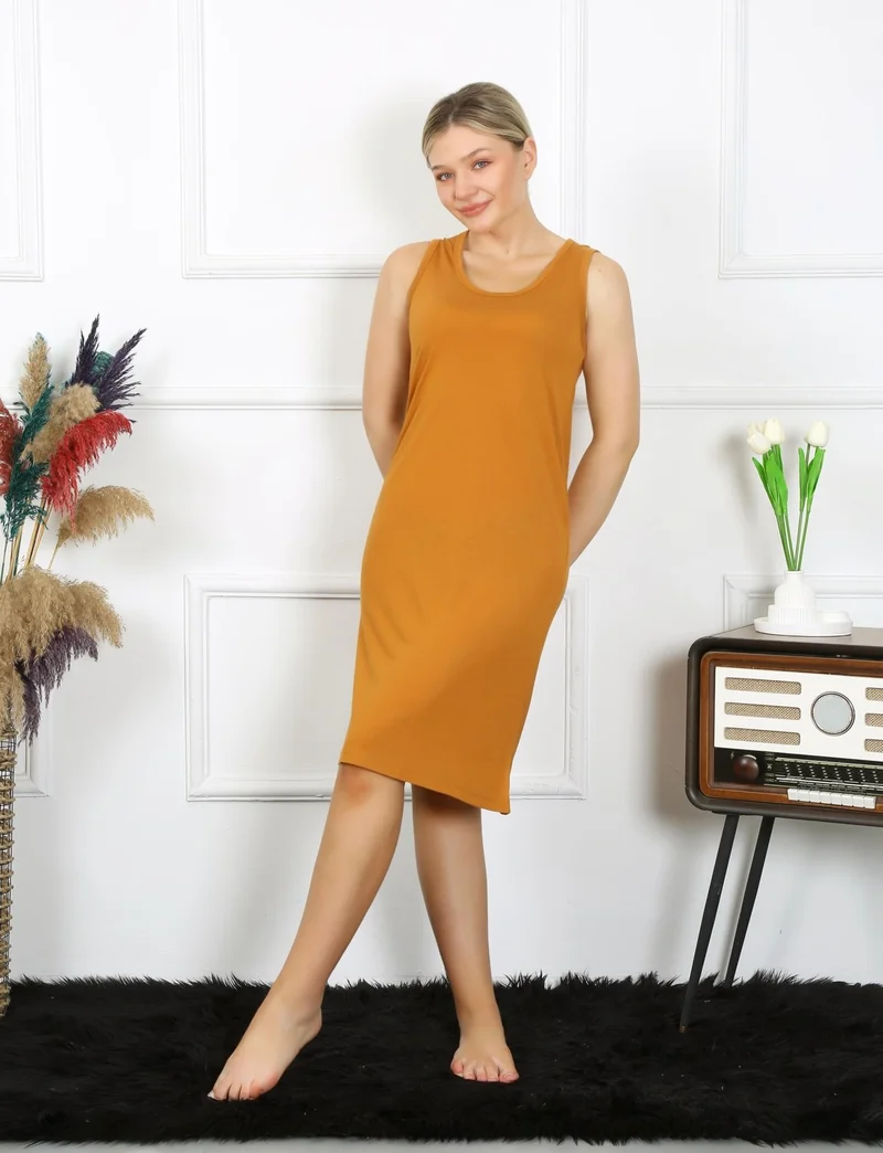 Akbeniz Women's Thick Strap Combed Cotton Nightgown Mustard 14001