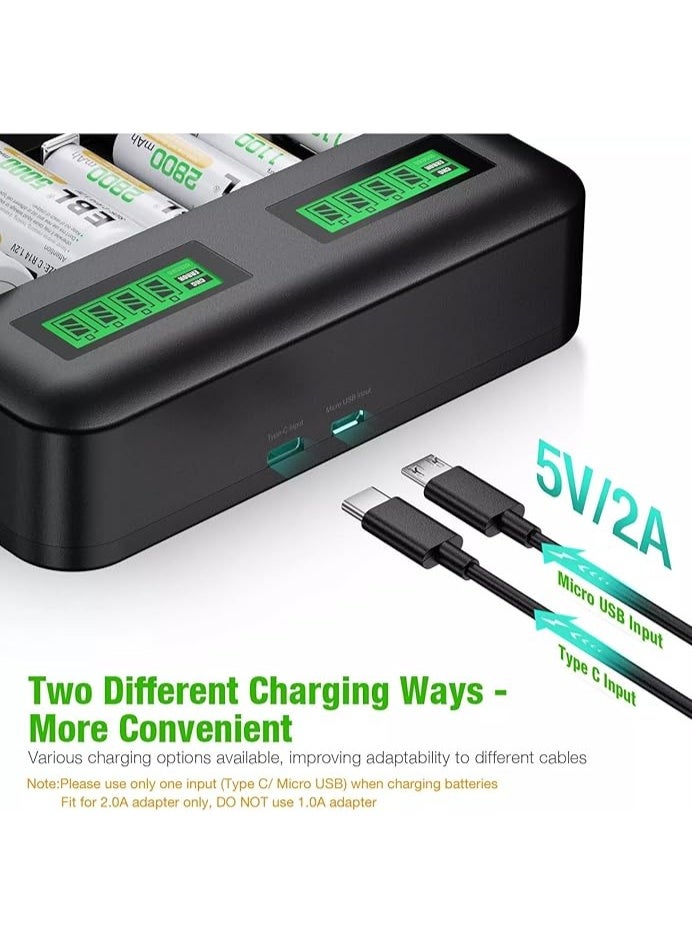 BESTON 8-Slot Universal Battery Charger with LCD Display and Fast USB-C Charging Input Multi-Size Smart Charger for AA, AAA, C & D Rechargeable Batteries with Independent Charging Slots - Image 3