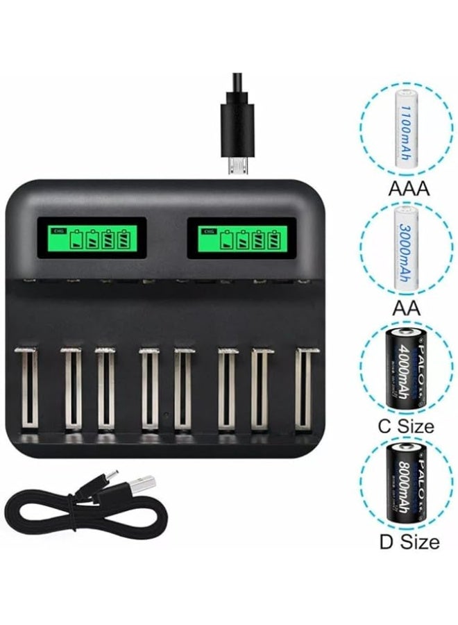 BESTON 8-Slot Universal Battery Charger with LCD Display and Fast USB-C Charging Input Multi-Size Smart Charger for AA, AAA, C & D Rechargeable Batteries with Independent Charging Slots - Image 2