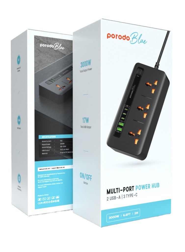 porodo Multi-Port Power Hub 3000W / 3 Universal AC Sockets / 3 USB Ports /17W Output / Fireproof Extension Plug/ Surge Protection/ Power Strip for Home, Office, Travel - Black - Image 3