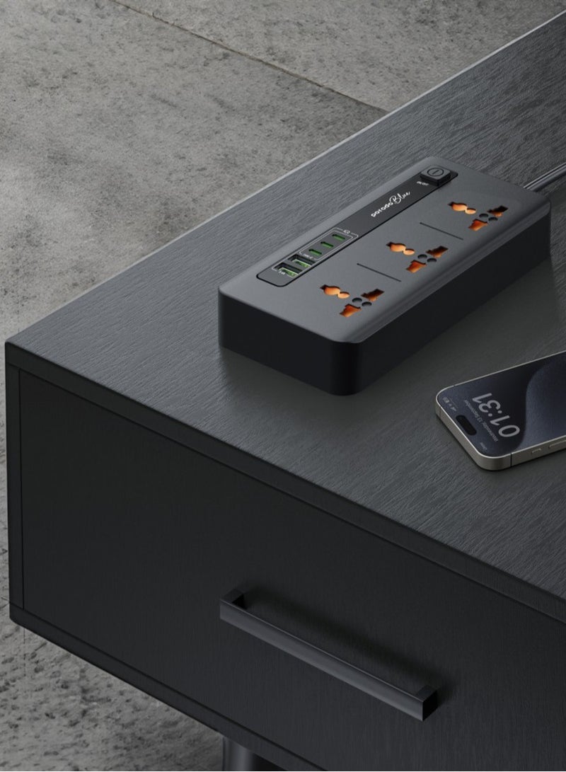 porodo Multi-Port Power Hub 3000W / 3 Universal AC Sockets / 3 USB Ports /17W Output / Fireproof Extension Plug/ Surge Protection/ Power Strip for Home, Office, Travel - Black - Image 2