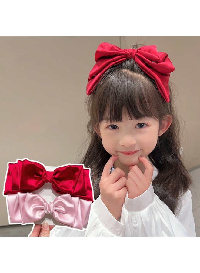 JUMEI 2PCS Satin Bow Hair Clips – Elegant Princess Style Hair Accessories for Women & Girls, Cute Hairpins Set (Red & Pink) - Image 1