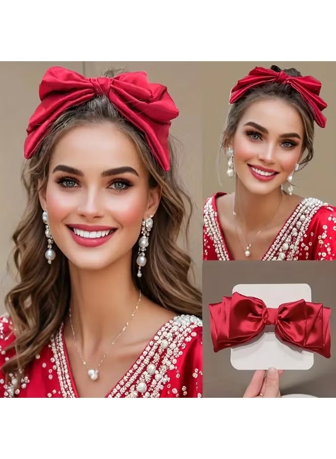JUMEI 2PCS Satin Bow Hair Clips – Elegant Princess Style Hair Accessories for Women & Girls, Cute Hairpins Set (Red & Pink) - Image 3