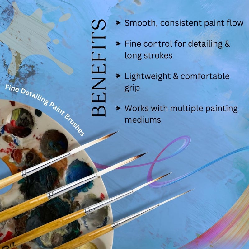 Like-It Long Liner Rigger Paint Brushes Set of 4 (Sizes 000, 00, 0, 1) – Fine Tip Detail Brushes for Watercolor, Acrylic, Oil, Gouache, Tempera, Ink – Synthetic Hair, Wooden Handle with Brush Holder - Image 4