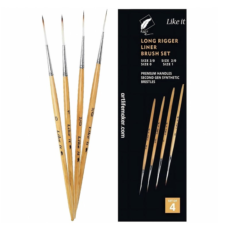Like-It Long Liner Rigger Paint Brushes Set of 4 (Sizes 000, 00, 0, 1) – Fine Tip Detail Brushes for Watercolor, Acrylic, Oil, Gouache, Tempera, Ink – Synthetic Hair, Wooden Handle with Brush Holder - Image 1