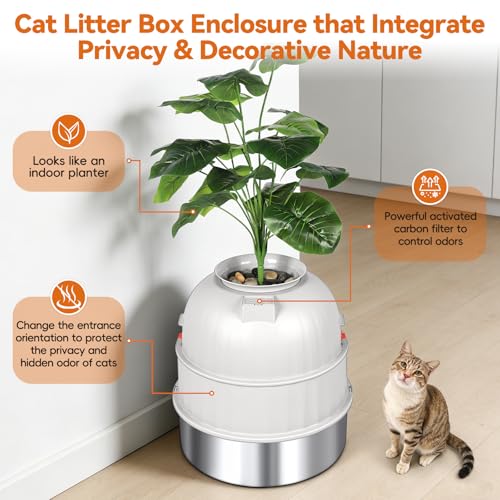 Bartuke Hidden Cat Litter Box Enclosure with Artificial Plant, Stainless Steel Litter Box Furniture, Decorative Round Planter Includes Scoop, Pebbles, Carbon Filter, Easy to Clean (Beige) - Image 5