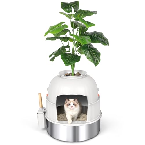 Bartuke Hidden Cat Litter Box Enclosure with Artificial Plant, Stainless Steel Litter Box Furniture, Decorative Round Planter Includes Scoop, Pebbles, Carbon Filter, Easy to Clean (Beige) - Image 1