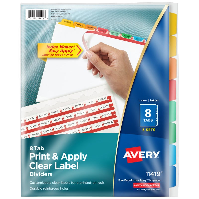 AVERY فواصل أيفري 8 للأقراص لملف 3 حلقات، شريط ملصقات واضح سهل الطباعة والتطبيق، علامات متعددة الألوان قابلة للتخصيص، 5 مجموعات (11419) - Image 1