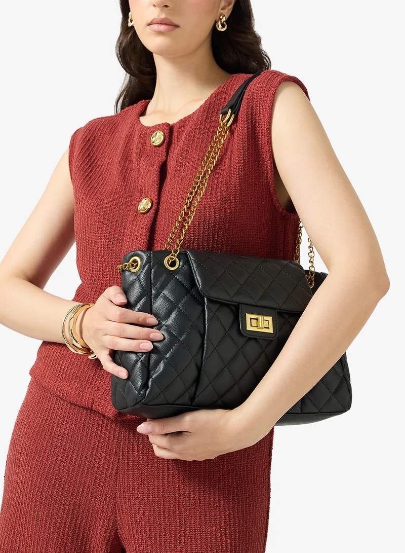ELLA Black Quilted Textured Chain Detail Gold Accent Shoulder Bag for Women | Best Price UAE
