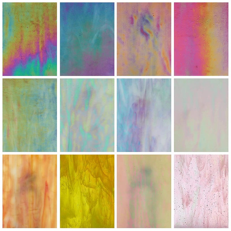 Lanyani 12 Sheets Iridescent Stained Glass Sheets for Mosaic Craft, 4x6 inch Bright Rainbow Cathedral Art Glass Packs, Opaque - Image 1