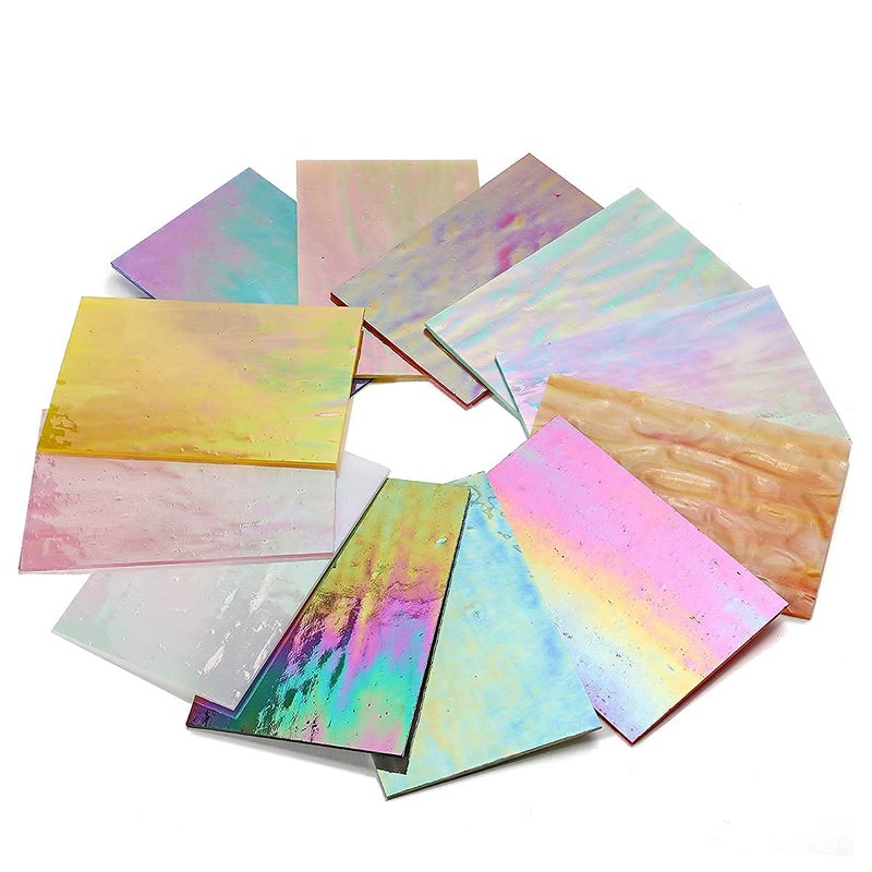 Lanyani 12 Sheets Iridescent Stained Glass Sheets for Mosaic Craft, 4x6 inch Bright Rainbow Cathedral Art Glass Packs, Opaque - Image 2