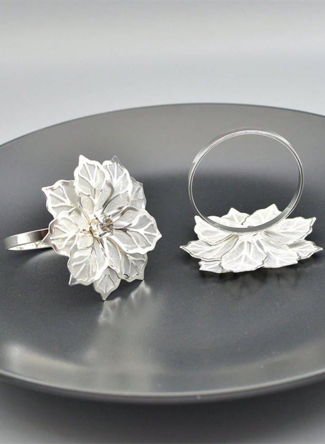 ميدي مجموعة من 12 قطعة من حلقات مناديل مزينة بزهور مجوفة، حامل مناديل خريفي، مشابك معدنية للمناديل، مناسبة لتزيين أطباق المائدة في عيد الشكر، عيد الميلاد، حفلات الزفاف، الولائم (فضي). - Image 3