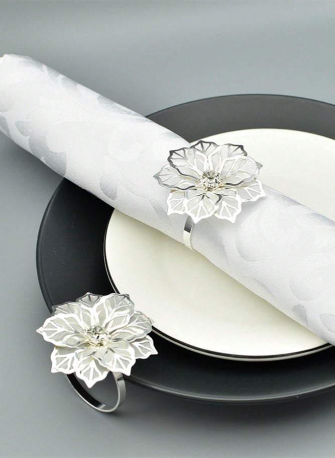 ميدي مجموعة من 12 قطعة من حلقات مناديل مزينة بزهور مجوفة، حامل مناديل خريفي، مشابك معدنية للمناديل، مناسبة لتزيين أطباق المائدة في عيد الشكر، عيد الميلاد، حفلات الزفاف، الولائم (فضي). - Image 5