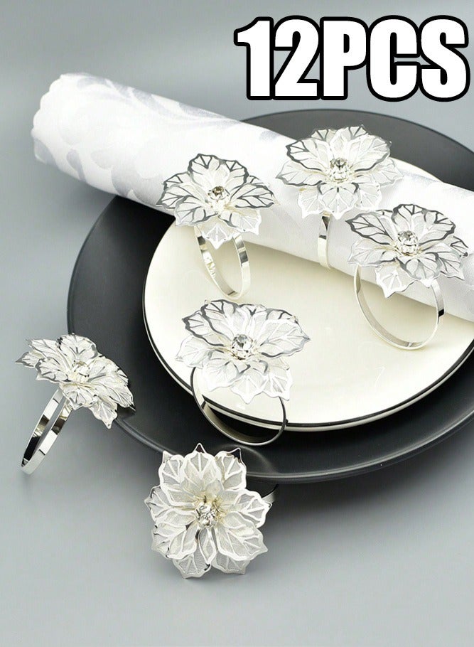 ميدي مجموعة من 12 قطعة من حلقات مناديل مزينة بزهور مجوفة، حامل مناديل خريفي، مشابك معدنية للمناديل، مناسبة لتزيين أطباق المائدة في عيد الشكر، عيد الميلاد، حفلات الزفاف، الولائم (فضي). - Image 1