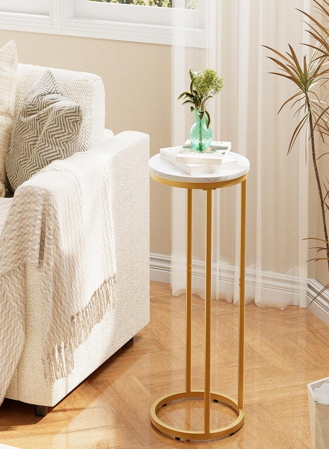 Katrawu C Shaped end Table,Wood Round Side Table for Couch,Small Sofa Table with Metal Frame for Bedroom,Living Room,Bedside,Gold Color(11.81" D x 11.81" W x 23.62" H) - Image 3