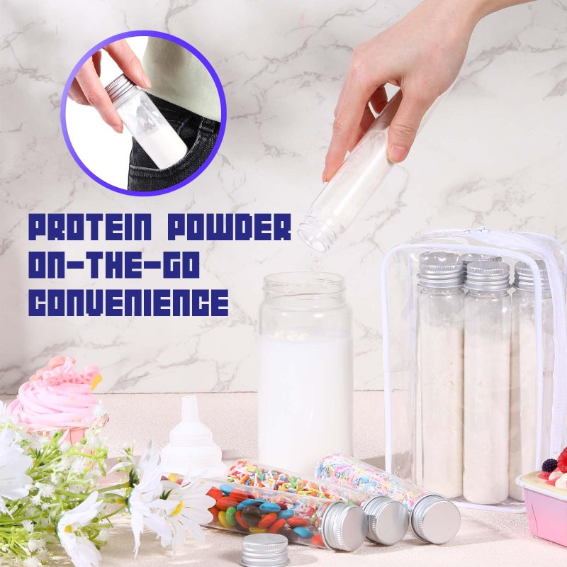 Shinylin 33 Pcs Protein Powder Travel Container Set 21 Pcs 90ml Reusable Powder Supplement Plastic Tubes and Portable Travel Organizer Zip Up Bags Funnels Spoons and Labels for Workout, Fitness - Image 4