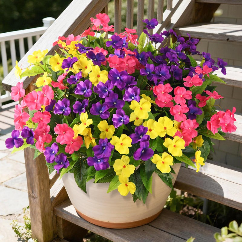 ZFProcess Artificial Impatiens Flowers for Outdoors, 6 Bundles Multicolor Silk Fake Flowers for Spring Summer Decoration, UV Resistant Faux Plants Plastic Bouquet for Home Planter Porch Patio Yard Decor - Image 1