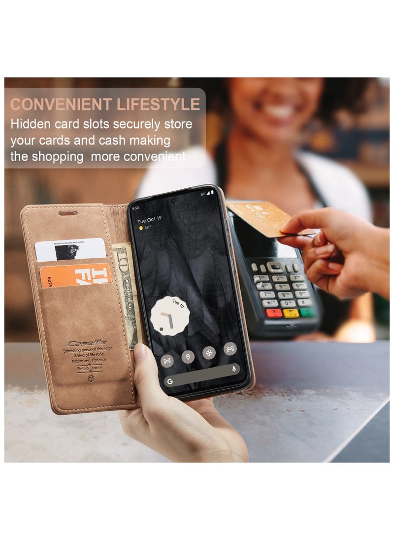CaseMe - CaseMe Google Pixel 7 Pro Case Wallet, for Google Pixel 7 Pro Wallet Case Book Folding Flip Folio Case with Magnetic Kickstand Card Slots Protective Cover - Brown - Image 1